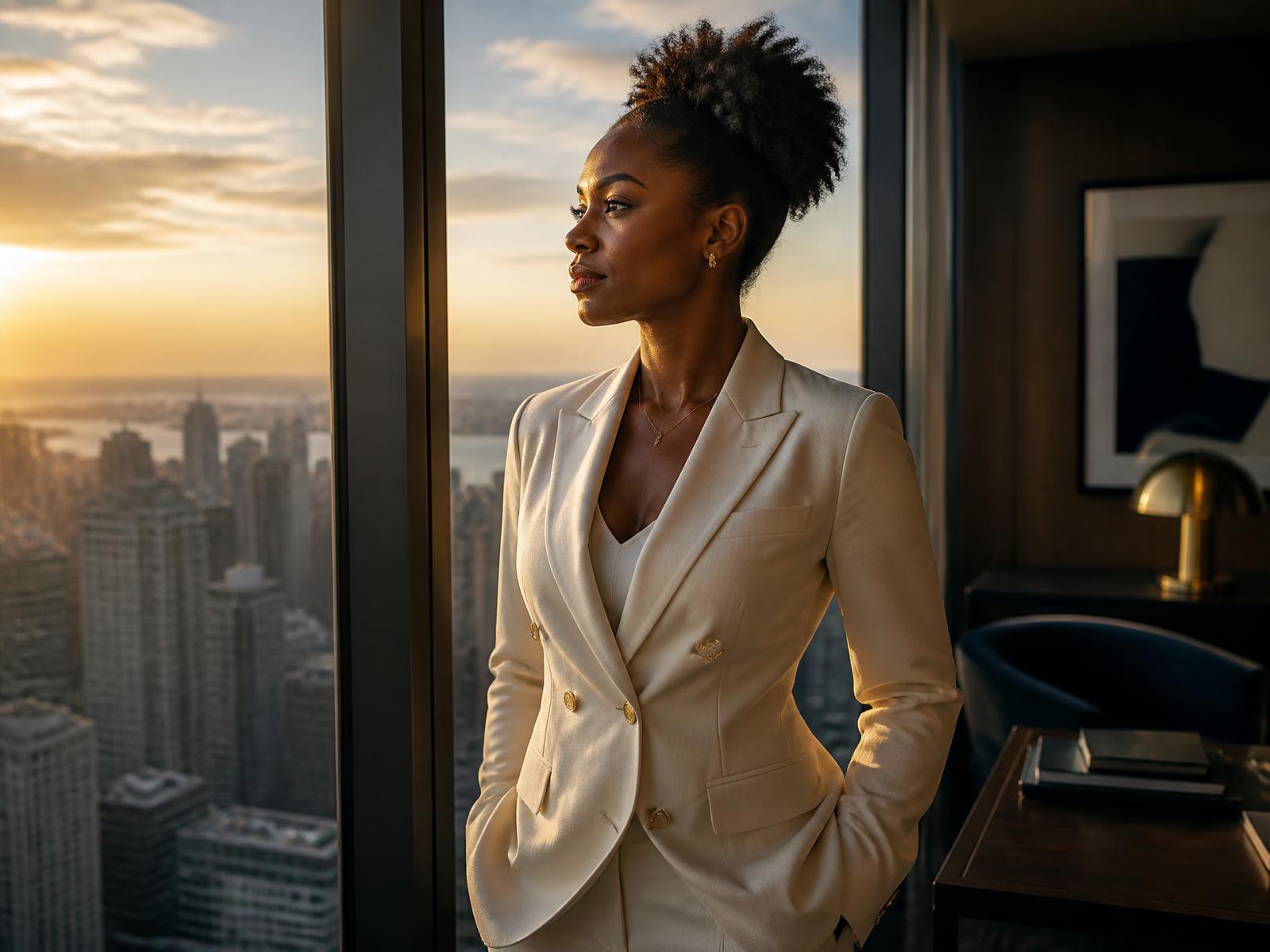 Entrepreneur looking out over a city skyline at golden hour